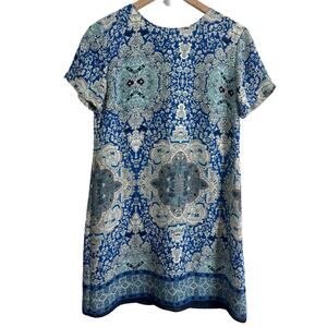 Lulu’s Blue Boho Patterned Short Sleeve Shift Dress Size Medium